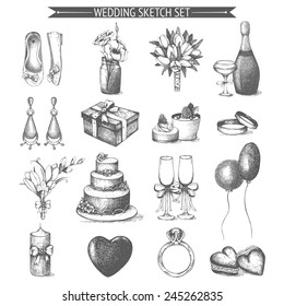 Vector set of ink hand drawn wedding illustration. Vintage wedding collection isolated on white