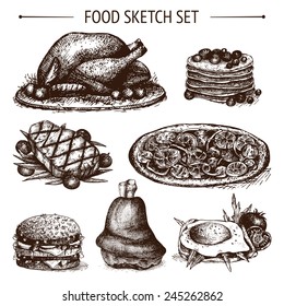 Vector set of ink hand drawn food illustration isolated on white for restaurant or cafe menu.