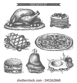 Vector set of ink hand drawn food illustration isolated on white for restaurant or cafe menu.