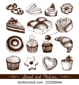 Vector set of  ink hand drawn breads and cakes sketch isolated on white.  Vintage  pastry illustration