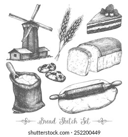 Vector set of  ink hand drawn bread illustration isolated on white. Vintage bakery sketch.