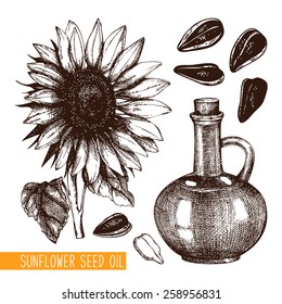 Vector set with ink hand drawn sunflower seed oil illustration isolated on white