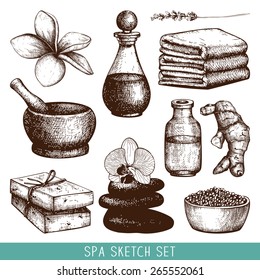 Vector set  ink hand drawn spa illustration isolated on white. Spa sketch vintage collection.