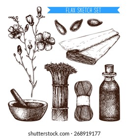 Vector set of ink hand drawn flax illustration isolated on white. Vintage flax sketch
