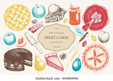 Vector set of ink hand drawn fruit desserts. Traditional cake, tart and pie sketch collection. Colorful harvest illustration. Sweet bakery. Top view.