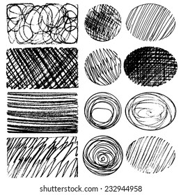 vector set of ink lines, set of hand drawn textures, scribbles of pen, hatching, scratch, oval, circle and rectangle collection