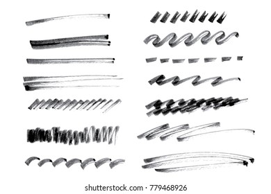Vector set of ink pen brush strokes. Grayscale design elements. Different kinds of lines drawn by hand. Brushed elements.