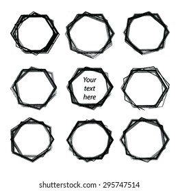 Vector set of ink polygonal frames. Black grunge silhouettes of hexagon in mess.Paint by brush strokes. Construction, science concept. Geometric poligonal background. Vector illustration. Eps 8.