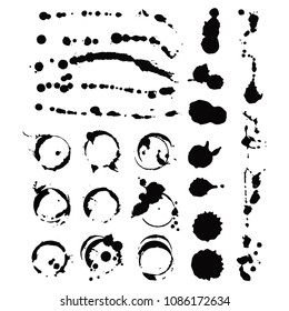Vector set of ink splashes blots splatter collection grunge design element and art messy backdrop color dirty liquid shape spatter black white silhouette illustration