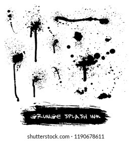 Vector set of ink splashes blots splatter collection grunge design element and art messy backdrop color dirty liquid shape spatter black white silhouette illustration