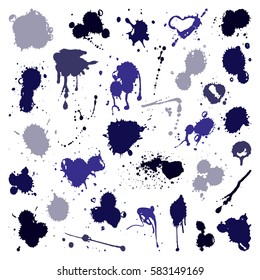 Vector set of ink splashes blots splatter collection grunge design element and art messy backdrop color dirty liquid shape spatter graphic brush splash dots silhouette illustration