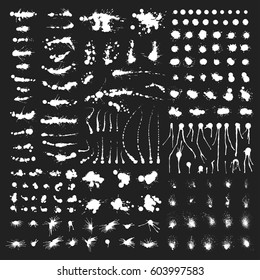 Vector set of ink splashes blots splatter collection grunge design element and art messy backdrop color dirty liquid shape spatter black white silhouette illustration