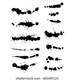 Vector set of ink splashes blots splatter collection grunge design element and art messy backdrop color dirty liquid shape spatter black white silhouette illustration