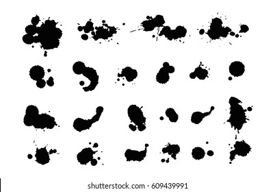 Vector set of ink splashes blots splatter collection grunge design element and art messy backdrop color dirty liquid shape spatter black white silhouette illustration