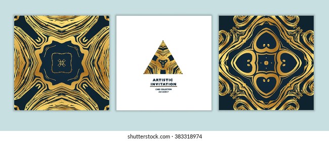 Vector set Ink texture, watercolor hand drawn artistic marbling invitation, ebru illustration. Template for sail, wedding (save date), Christmas, envelope, valentine, trendy card design for party.