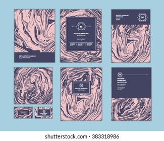 Vector set Ink texture, watercolor hand drawn artistic marbling invitation, ebru illustration. Template for sail, wedding (save date), Christmas, envelope, valentine, trendy card design for party.