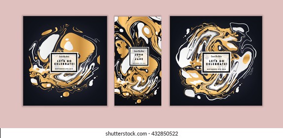 Vector set Ink texture, watercolor hand drawn artistic marbling invitation, ebru illustration. Template for sail, wedding (save date), Christmas, envelope, valentine, trendy card design for party.