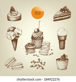 Vector set of ink  vintage hand drawn dessert illustrations. Vintage cupcakes collection