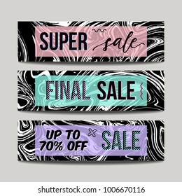 Vector set with ink watercolor hand drawn marble sale banners. Creative textured abstract discount backgrounds