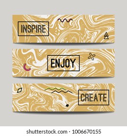 Vector set with ink watercolor hand drawn golden marble banners. Creative textured abstract backgrounds