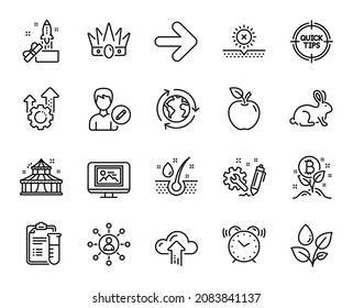 Vector set of Innovation, Animal tested and Tips line icons set. Serum oil, No sun and Medical analyzes icons. Outsourcing, Circus and Plants watering signs. Seo gear, Crown and Cloud upload. Vector