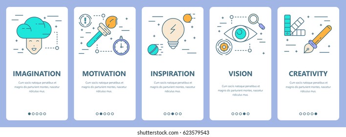 Vector set of innovation concept vertical banners. Imagination, motivation, inspiration, vision and creativity concept elements. Thin line flat design symbols, icons for website menu, print.