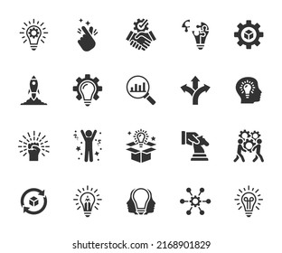 Vector set of innovation flat icons. Contains icons startup, idea, product development, motivation, success, solution, entrepreneurship, automation and more. Pixel perfect.