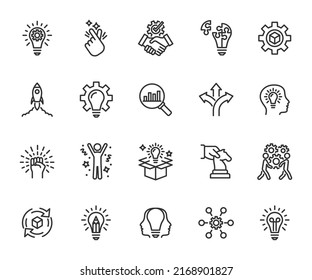 Vector Set Of Innovation Line Icons. Contains Icons Startup, Idea, Product Development, Motivation, Success, Solution, Entrepreneurship, Automation And More. Pixel Perfect.