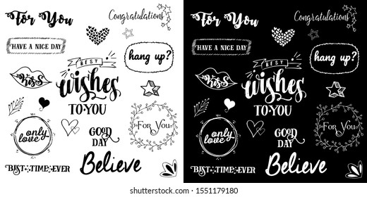 Vector set of inscriptions about love, words of motivation and wishes. Vector lettering. Vector doodles - frames, arrows, flowers, hearts, stars.