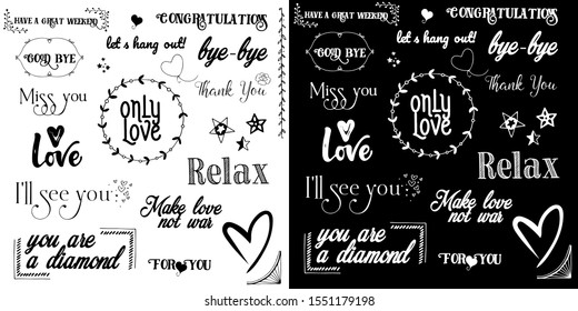 Vector set of inscriptions about love, words of motivation and wishes. Vector lettering. Vector doodles - frames, arrows, flowers, hearts, stars.