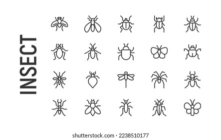 Vector set of insect thin line icons. Design of 20 stroke pictograms. Signs of insect isolated on a white background.