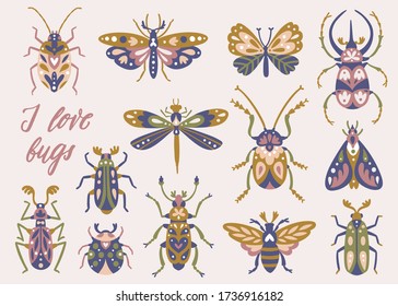 Vector set of insects, butterflies and bugs. Hand drawn folk collection of symmetric bugs.  Vintage collection. Sticker set.