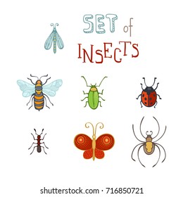 Vector set of insects in cartoon style. Butterfly, bee, green bug, ladybird, ant, spider and moth isolated on white background.