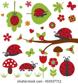 Vector set of insects. Ladybugs and butterflies are among nature.