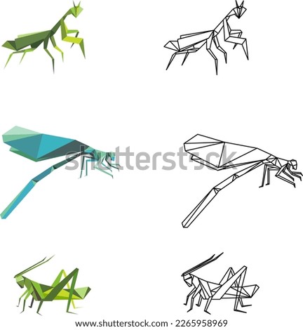 
Vector set of insects: mantis, dragonfly, grasshopper