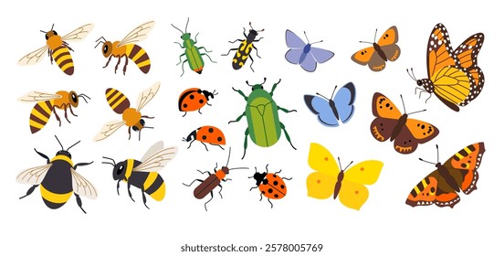 Vector set of insects and pollinators, honey bees, bumblebees, butterflies and beetles isolated on white background