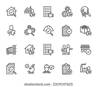 Vektorset von Symbolen der Inspektionslinie. Enthält Ikonenüberprüfung, Inspektor, Prüfung, Inspektionsbericht, Qualitätskontrolle, Hausinspektion, Prüfung, qa, Checkliste und mehr. Pixel perfekt.