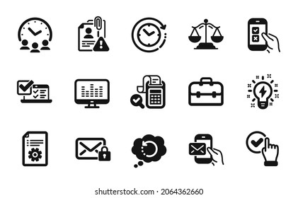 Vector set of Inspiration, Online survey and Mobile survey icons simple set. Bill accounting, Messenger mail and Secure mail icons. Search employee, Portfolio and Checkbox signs. Vector