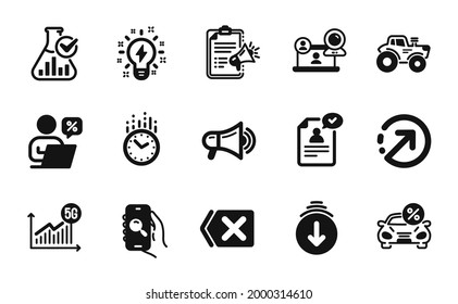 Conjunto vectorial de íconos de Inspiración, Tiempo y Desplazamiento hacia abajo conjunto simple. Aplicación de búsqueda, iconos de la lista de verificación Eliminar y Megáfono. Laboratorio de Química, Megáfono y carteles de alquiler de coches. Vector