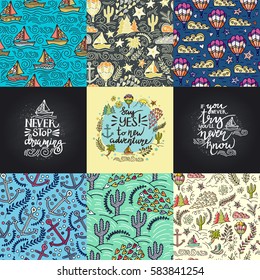 Vector set of inspirational quotes. Thematic phrases. Set of seamless patterns.