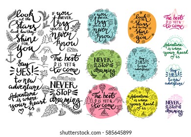 Vector set of inspirational quotes. Thematic phrases. Set of seamless patterns.