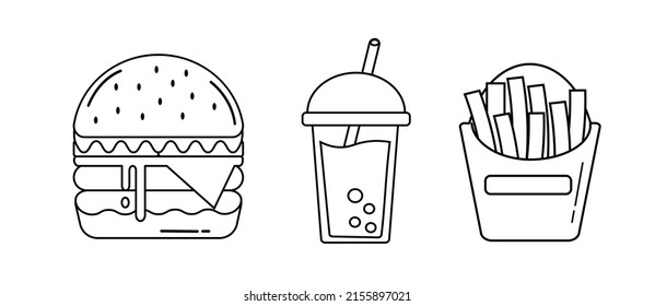 vector set of instant food burger, boba tea and ffries for icon and coloring book