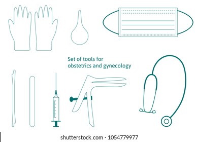 Vector Set Of Instruments For For Obstetrics And Gynecology. Vaginal Speculum, Syringe, Medicine Gloves, Mask, Spatula, Stethoscope. Medical Tools For Medical Investigation. Feminine Health Diagnosis