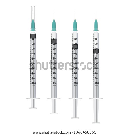 Vector set of insulin syringe with needle, isolated on white