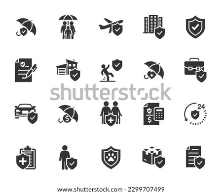 Vector set of insurance flat icons. Contains icons insurance medical, travel, car, real estate, family, cargo, insurance policy and more. Pixel perfect.