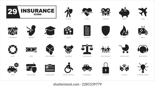 Conjunto de vectores de iconos de seguros. Conjunto de iconos plano, vector, colección de iconos planos simples.