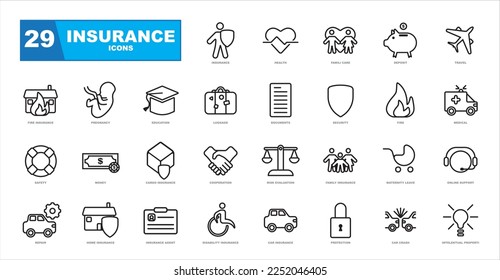Vector set of insurance icons. Outline icon set, vector, simple thin line icons collection
