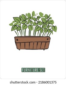 Vector. A set of interior elements in fashionable beige and brown tones. Basil in a pot, a sofa with a pillow, a coffee table with a flower, a carpet, towels and blankets, a chest of drawers.