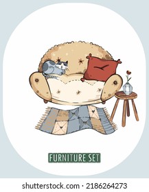 Vector. A set of interior elements in fashionable beige and brown tones. Basil in a pot, a sofa with a pillow, a coffee table with a flower, a carpet, towels and blankets, a chest of drawers.