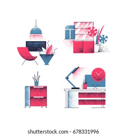 Vector set of interior illustrations. Design elements for banners, backgrounds with furniture, home office. 